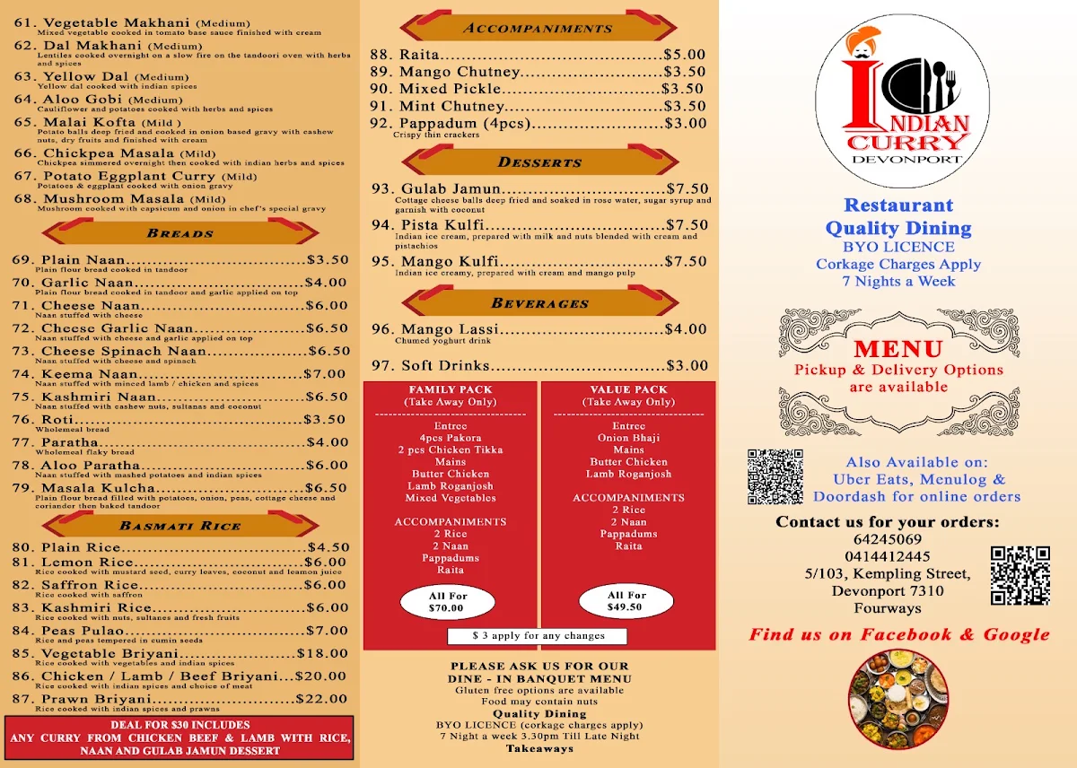 Menu, Indian Curry Devonport