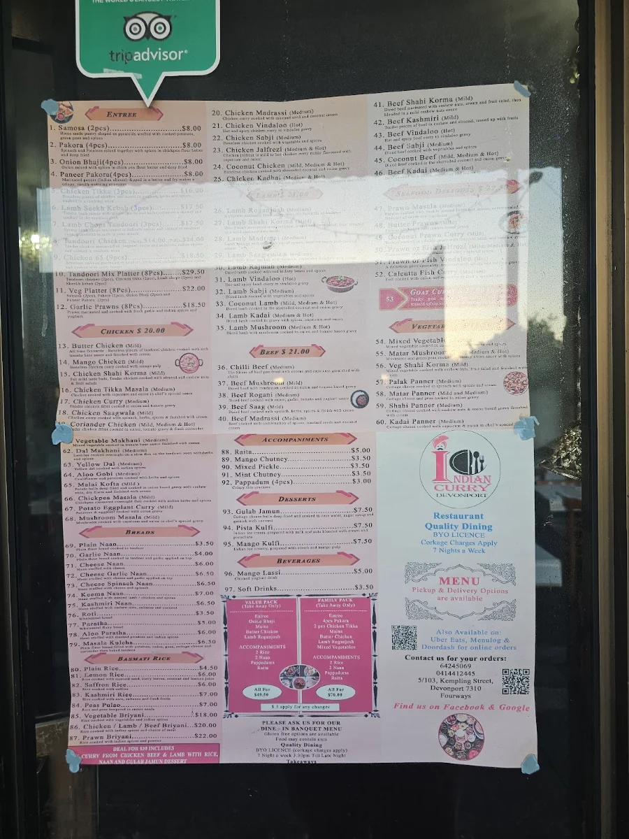 Menu, Indian Curry Devonport