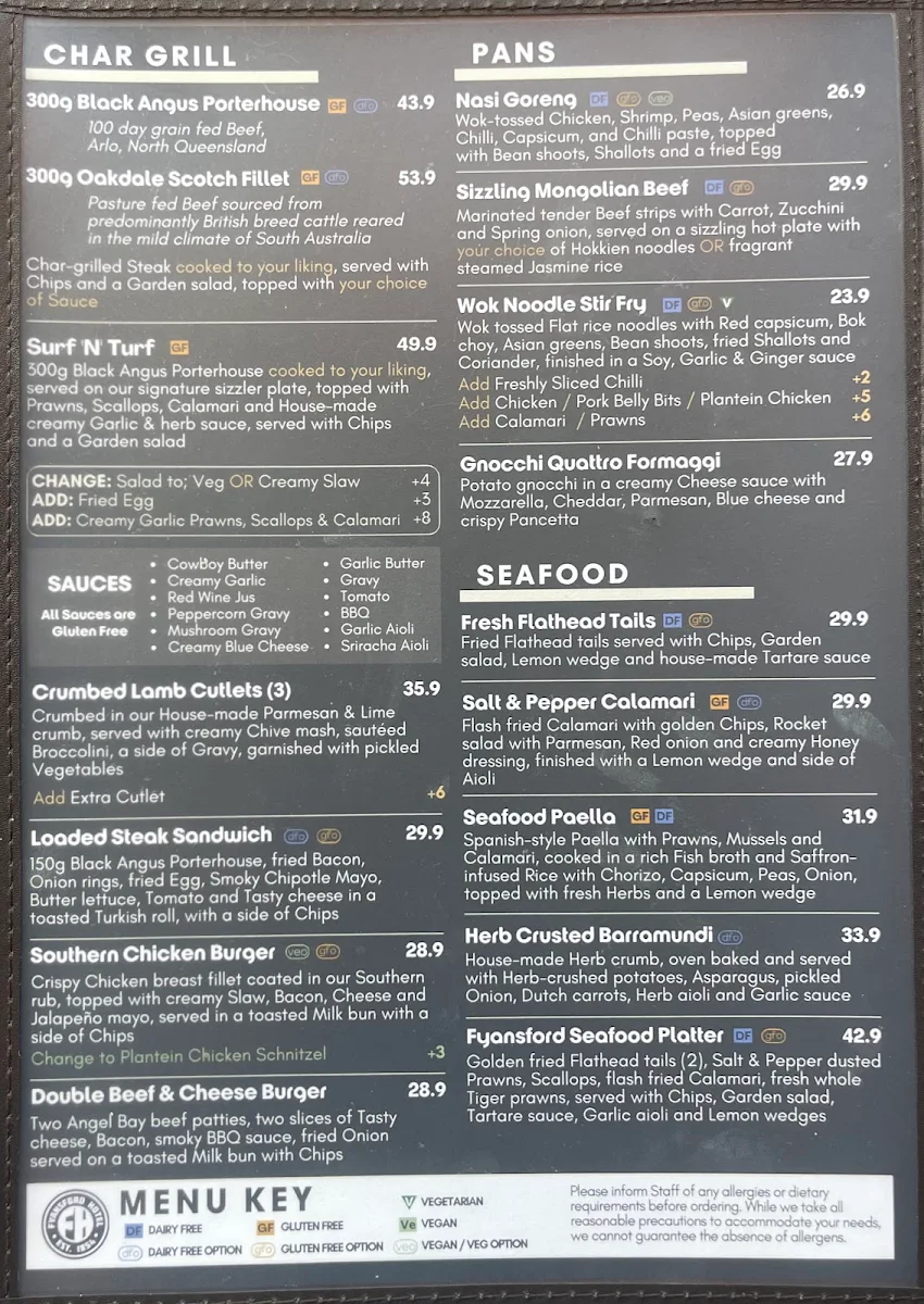 Menu, Fyansford Hotel