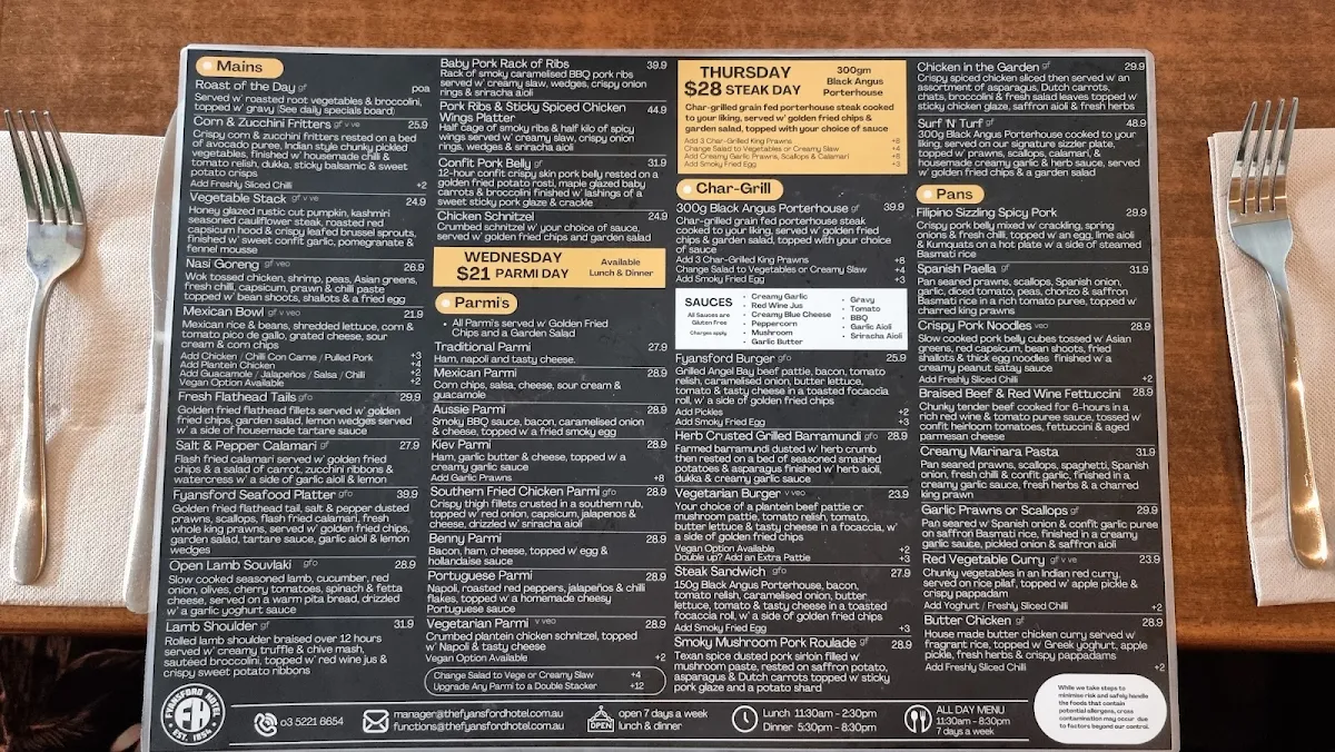Menu, Fyansford Hotel
