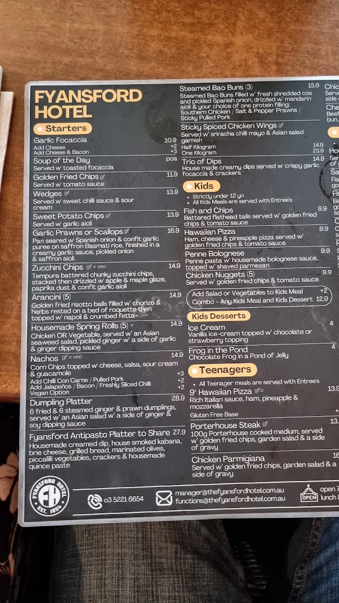 Menu, Fyansford Hotel