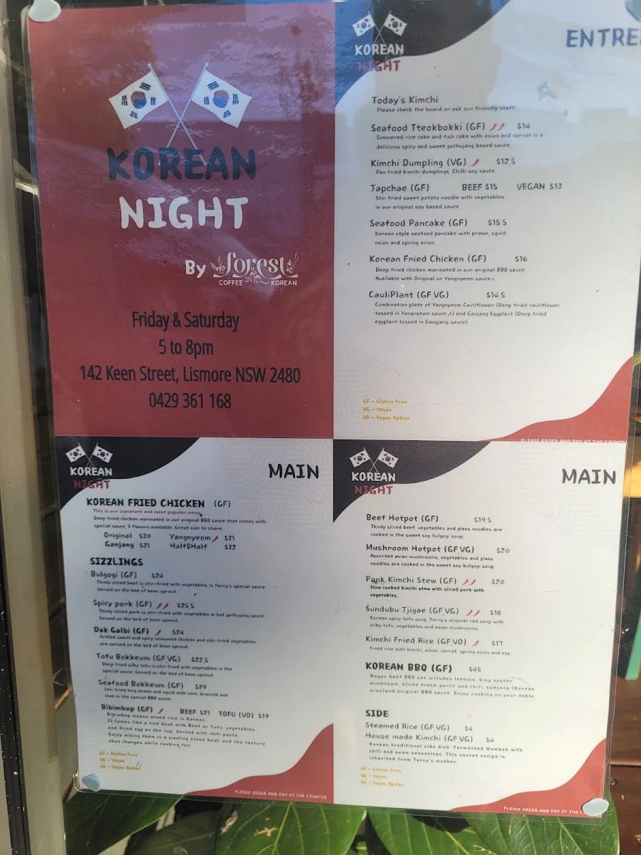 Menu, FOREST Lismore