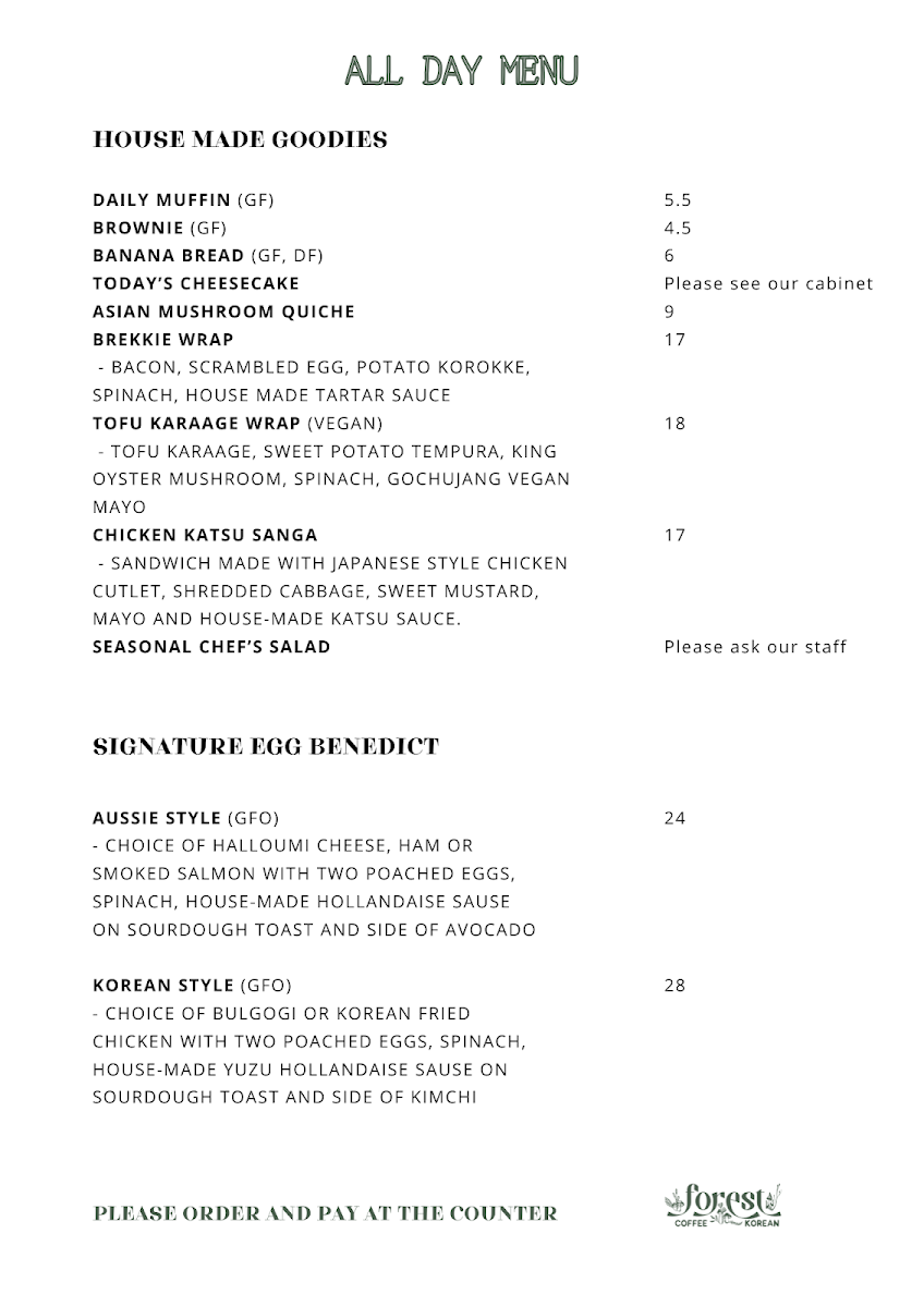Menu, FOREST Lismore