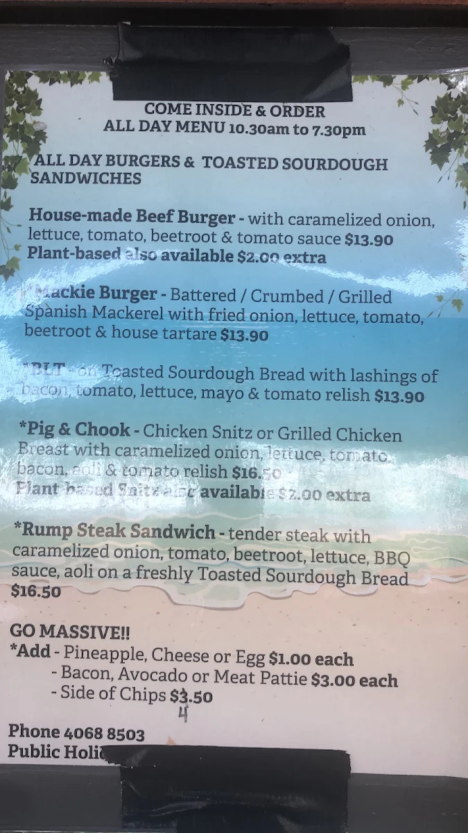 Menu, Tuskers Tuckerbox @ The Beach
