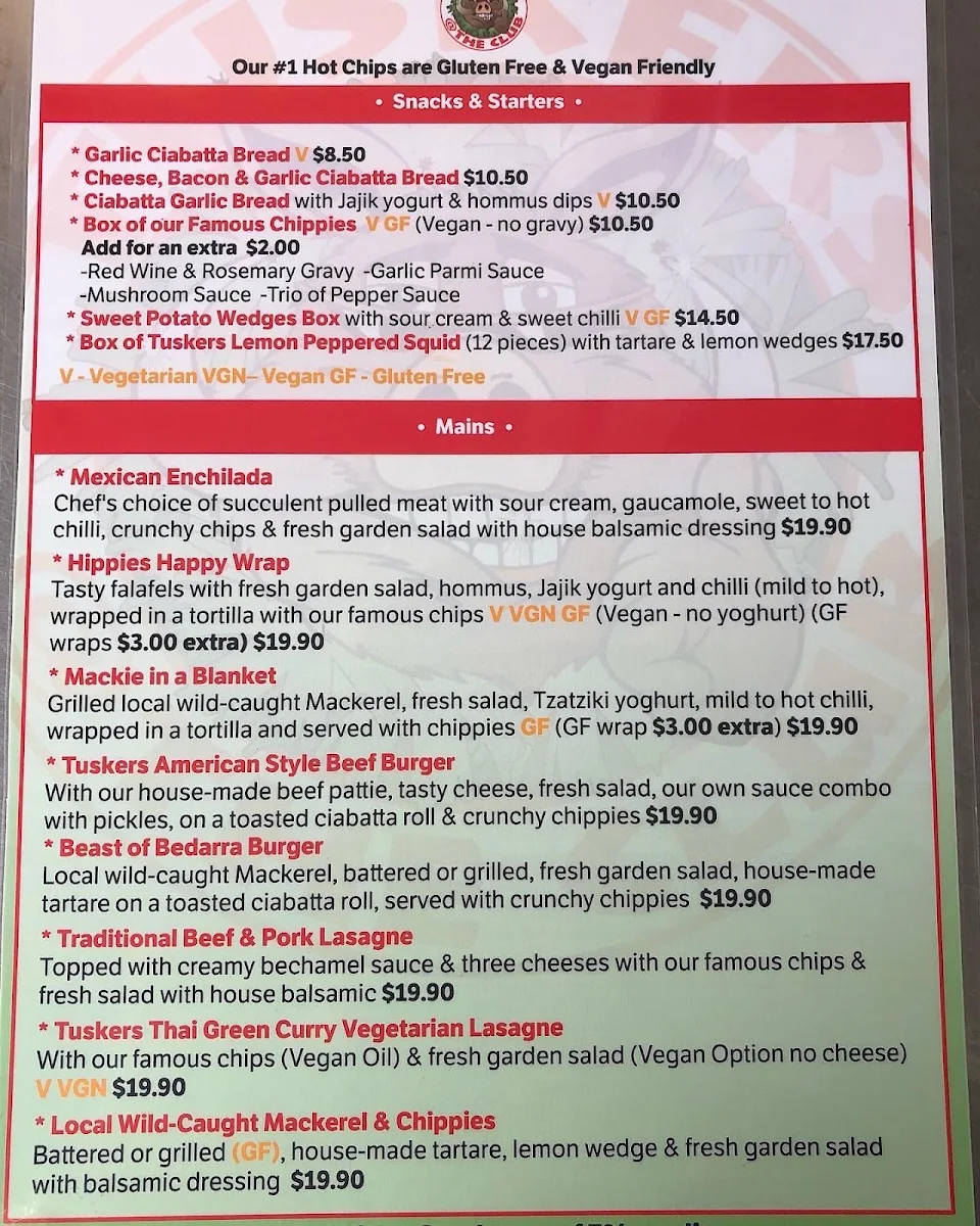 Menu, Tuskers Tuckerbox @ The Beach