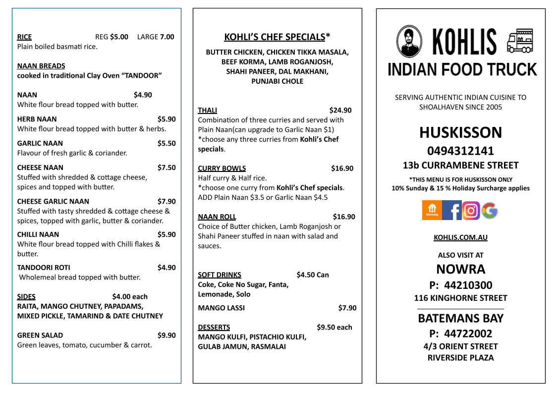 Menu, Kohlis Indian Food Truck