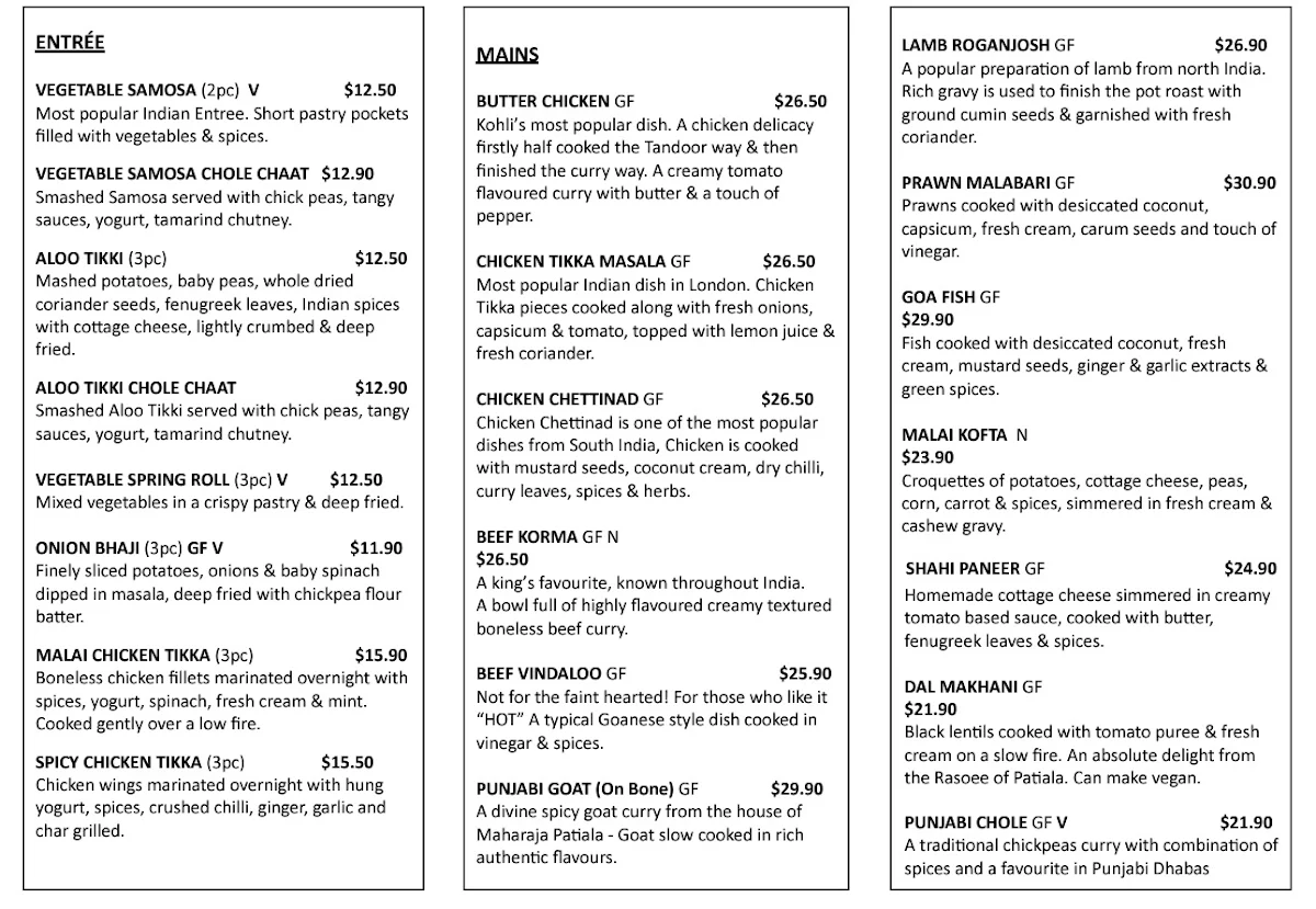 Menu, Kohlis Indian Food Truck
