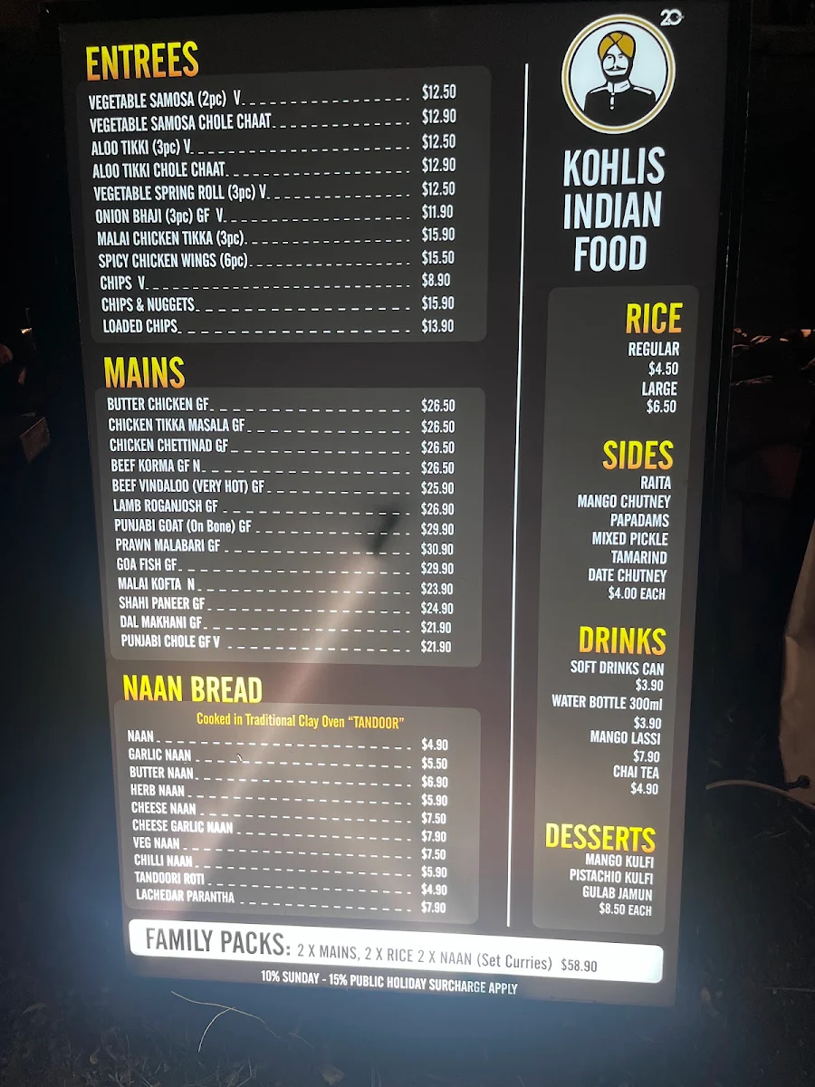 Menu, Kohlis Indian Food Truck