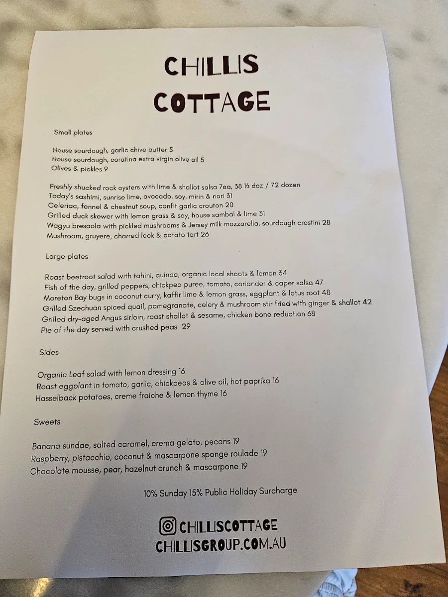 Menu, Chillis Cottage