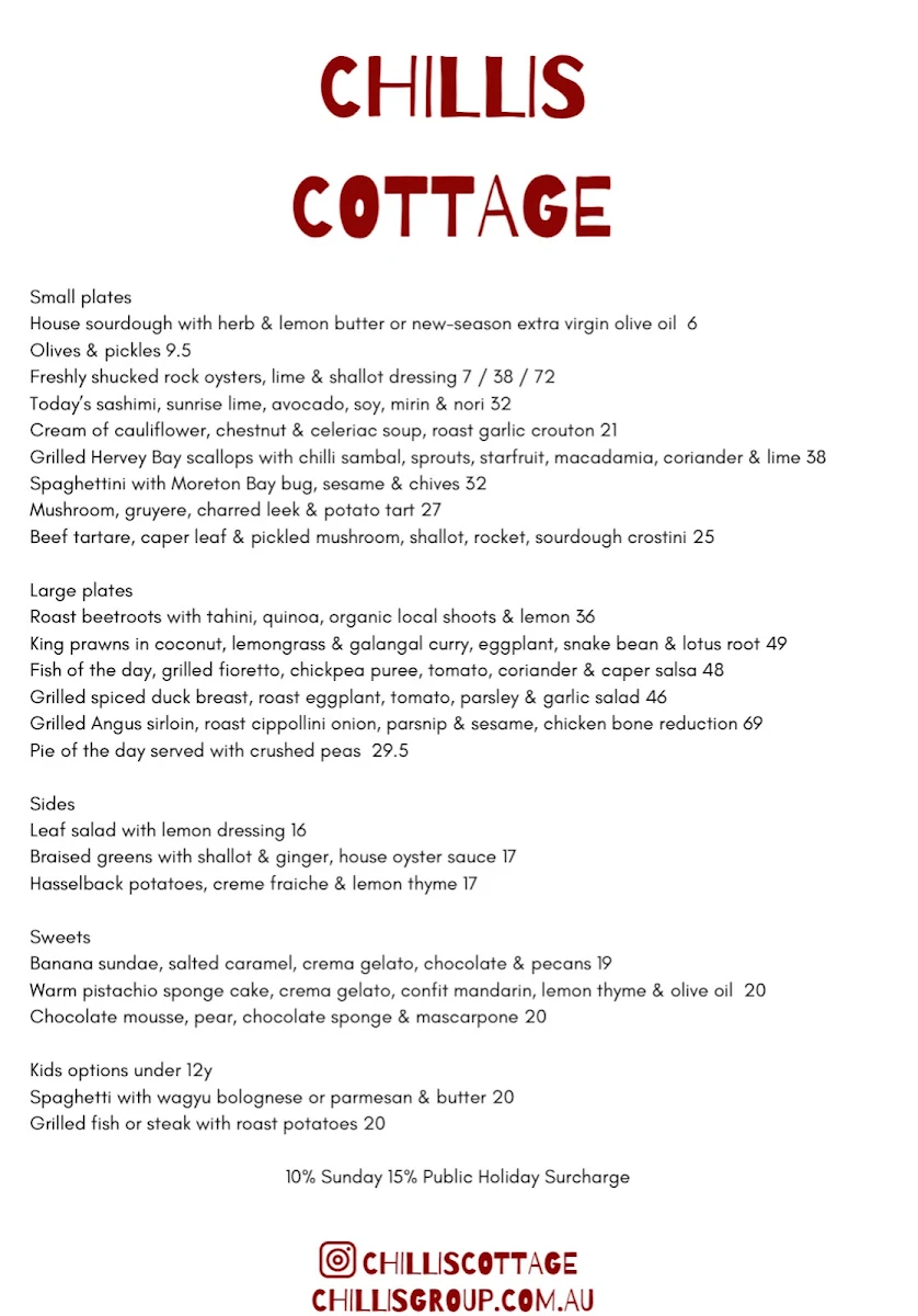 Menu, Chillis Cottage