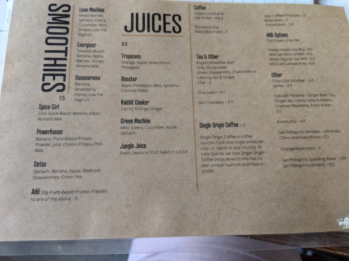 Menu, Little Stones Cafe