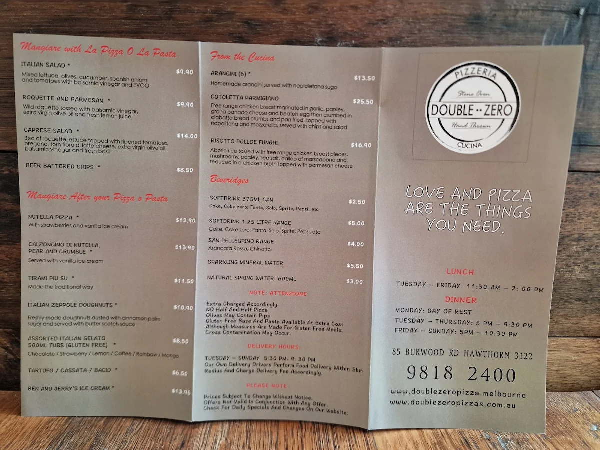 Menu, Double Zero Pizzeria - Hawthorn