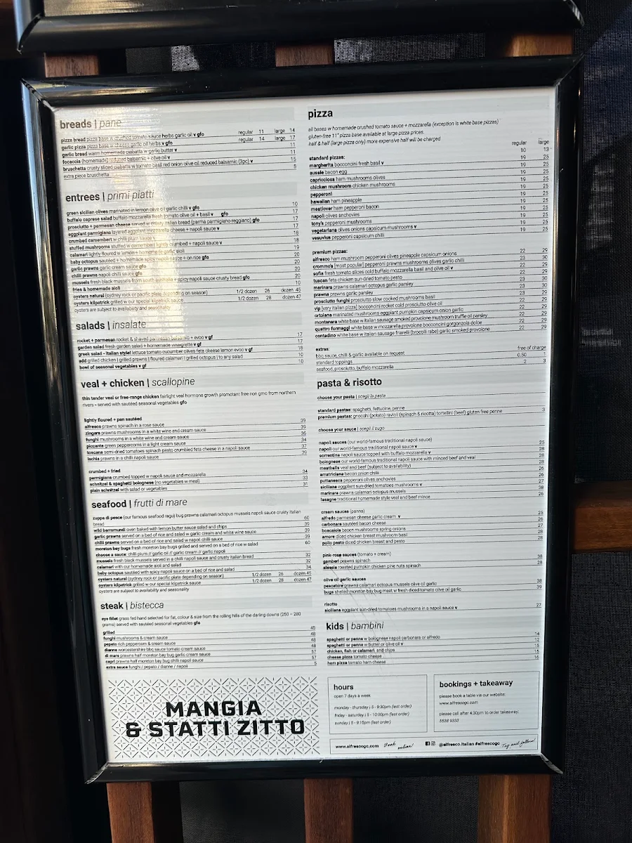 Menu, Alfresco Italian Restaurant