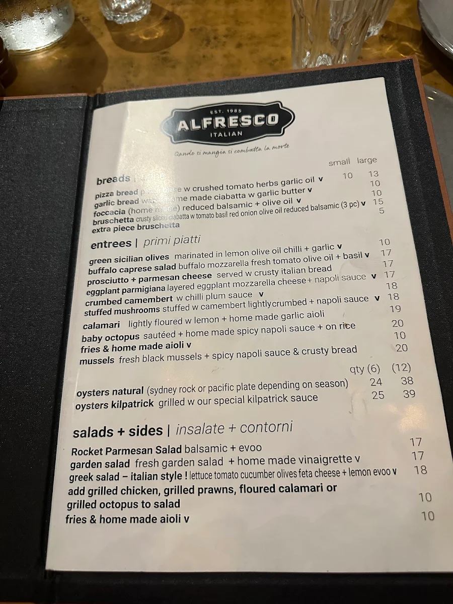 Menu, Alfresco Italian Restaurant