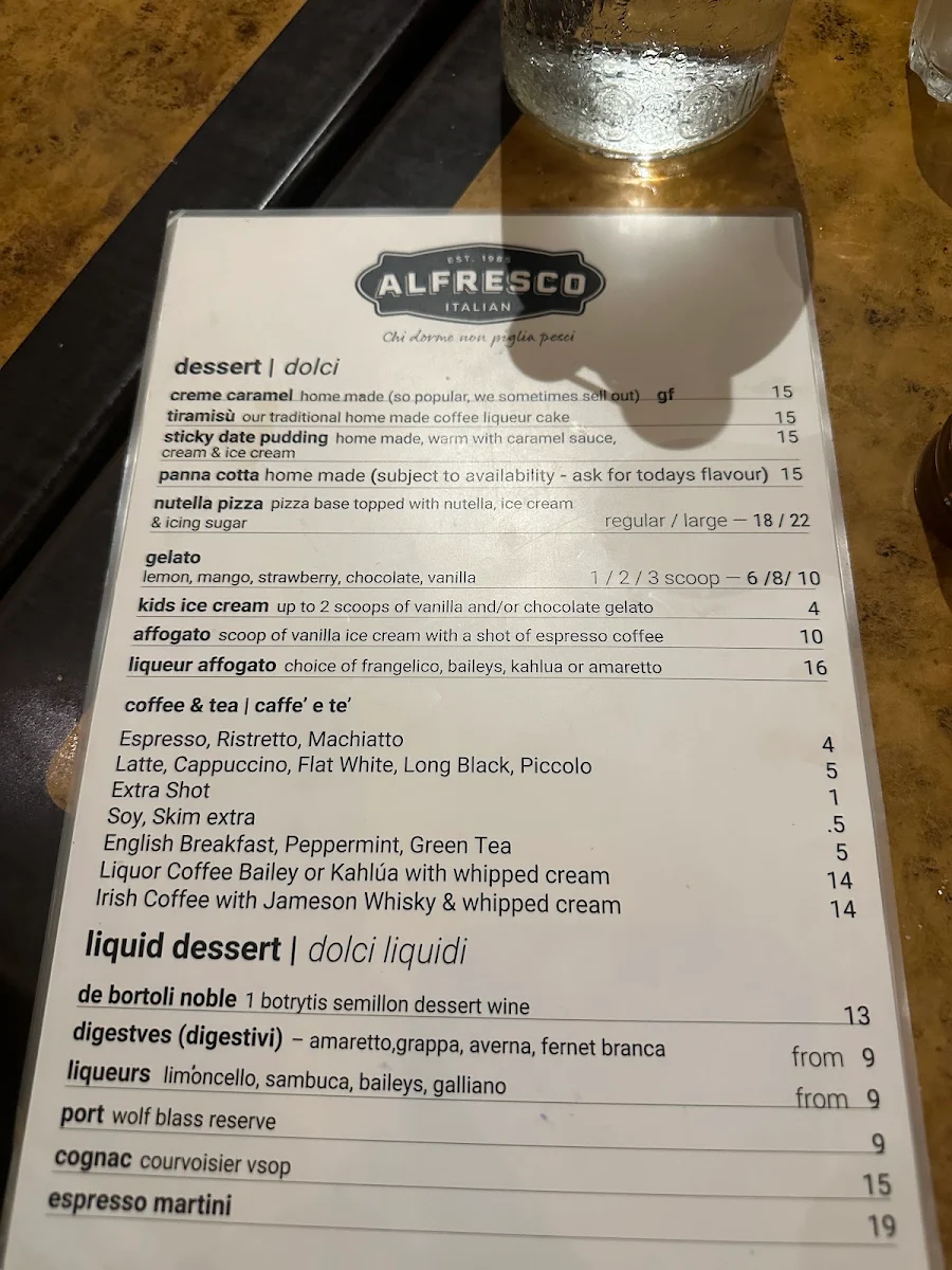 Menu, Alfresco Italian Restaurant