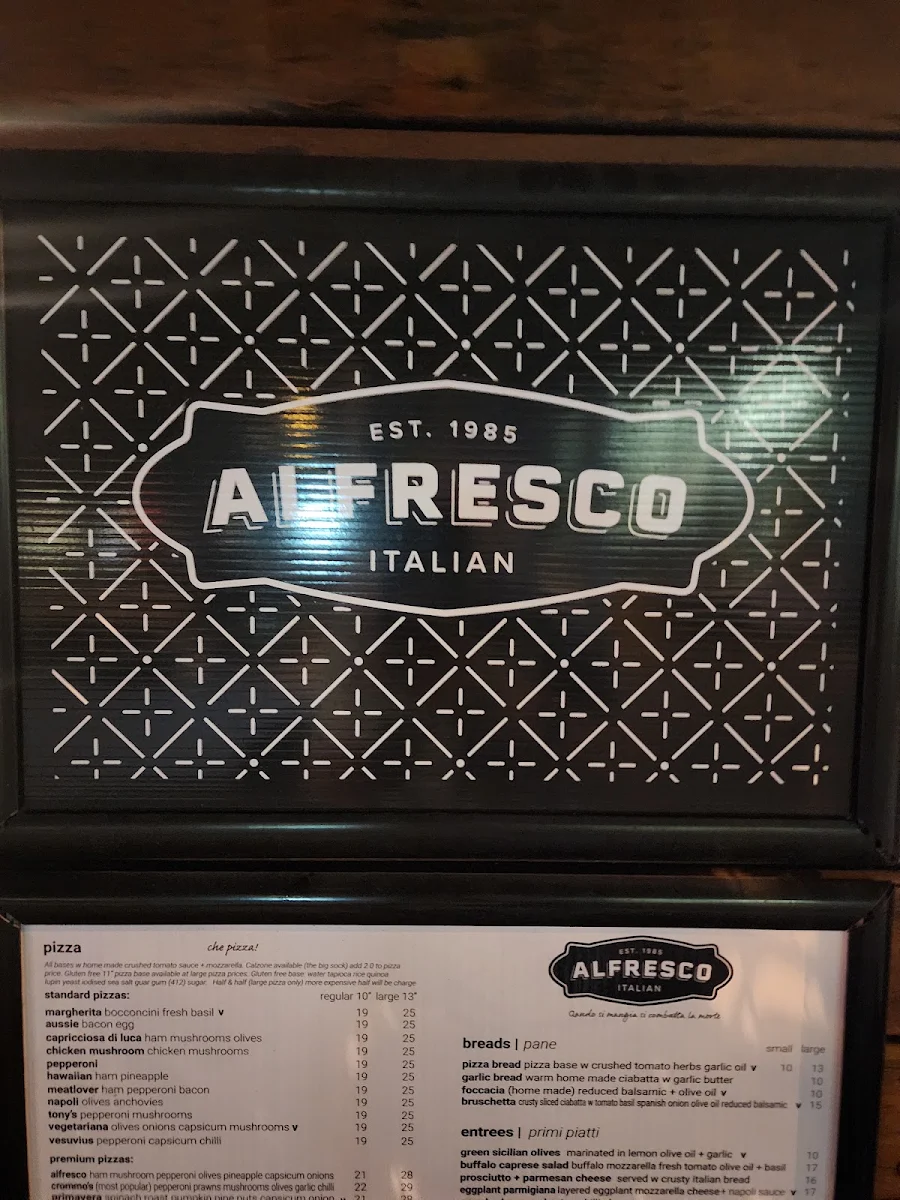 Menu, Alfresco Italian Restaurant