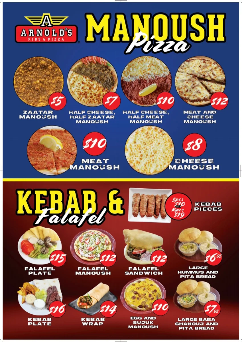 Menu, Arnold's Ribs Pizza