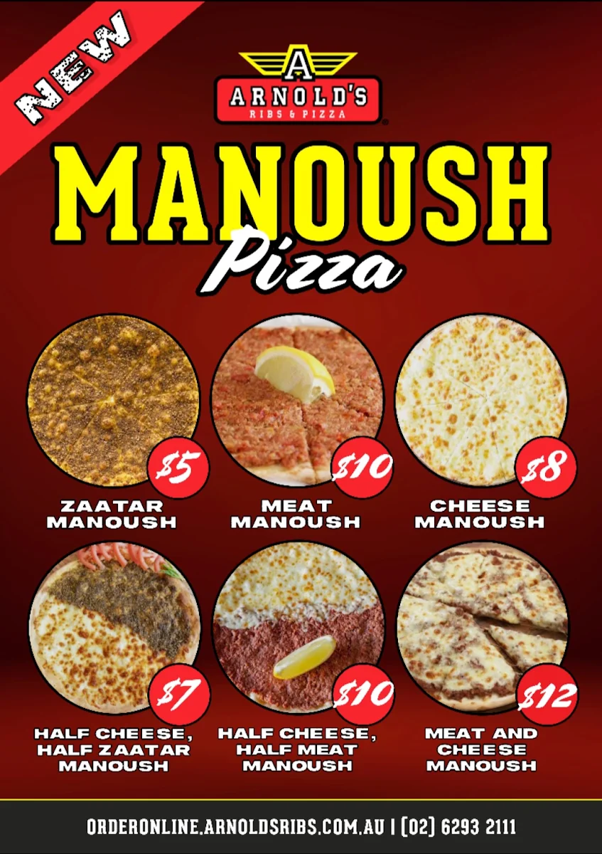 Menu, Arnold's Ribs Pizza