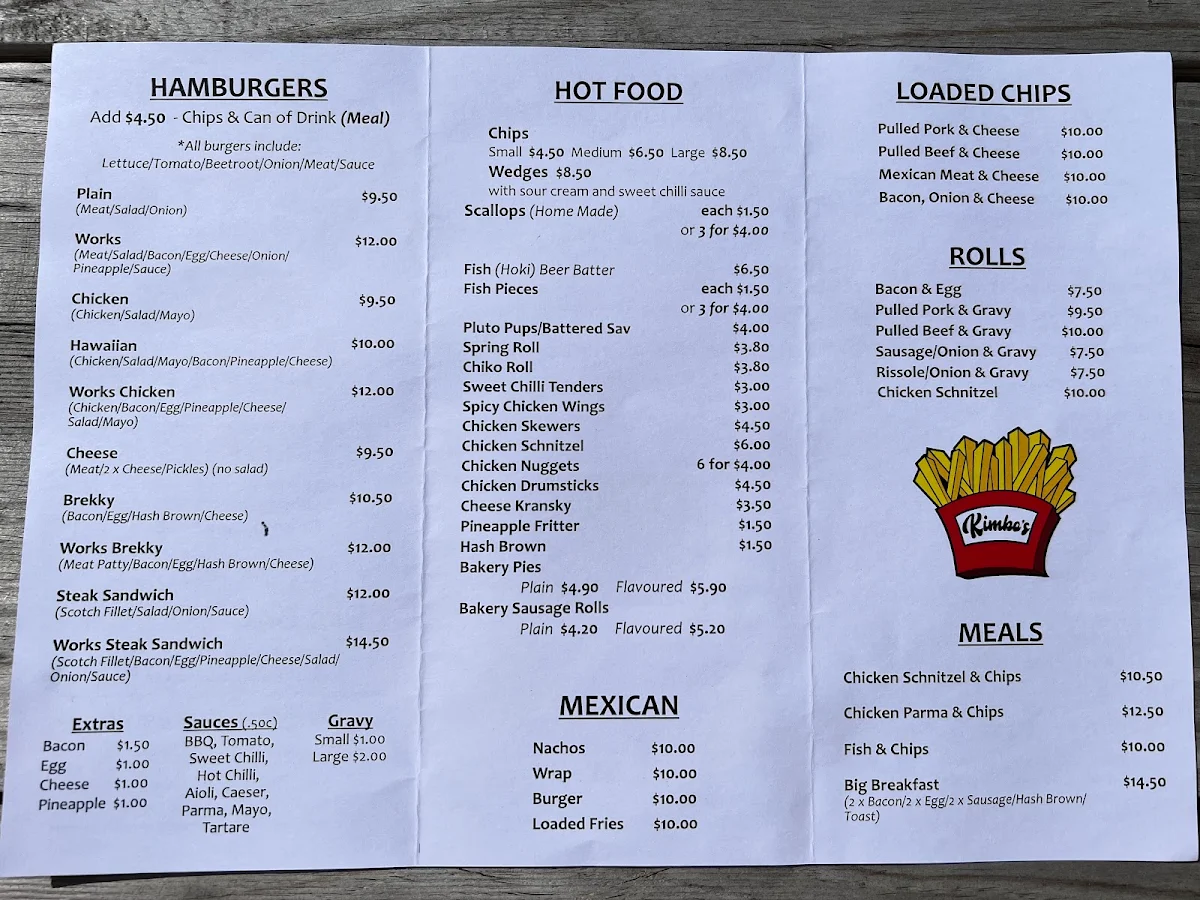 Menu, Kimbo's Takeaway