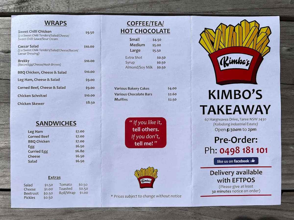 Menu, Kimbo's Takeaway