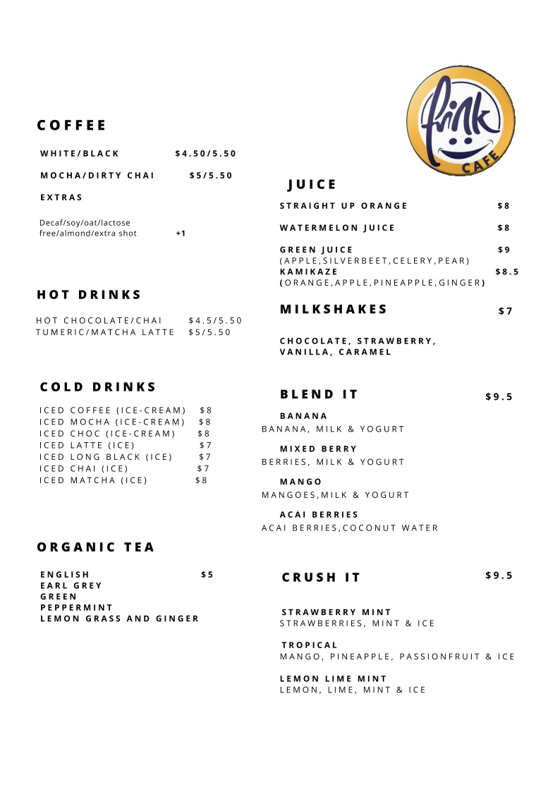 Menu, Fink Cafe