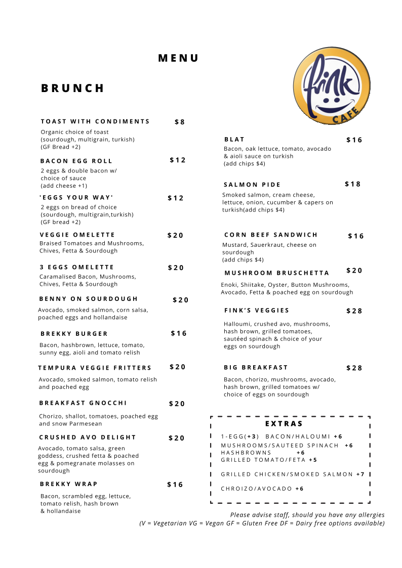 Menu, Fink Cafe