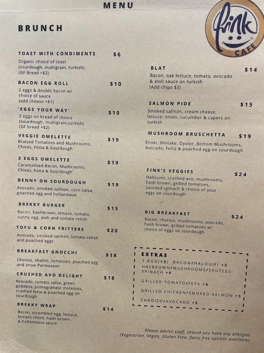 Menu, Fink Cafe