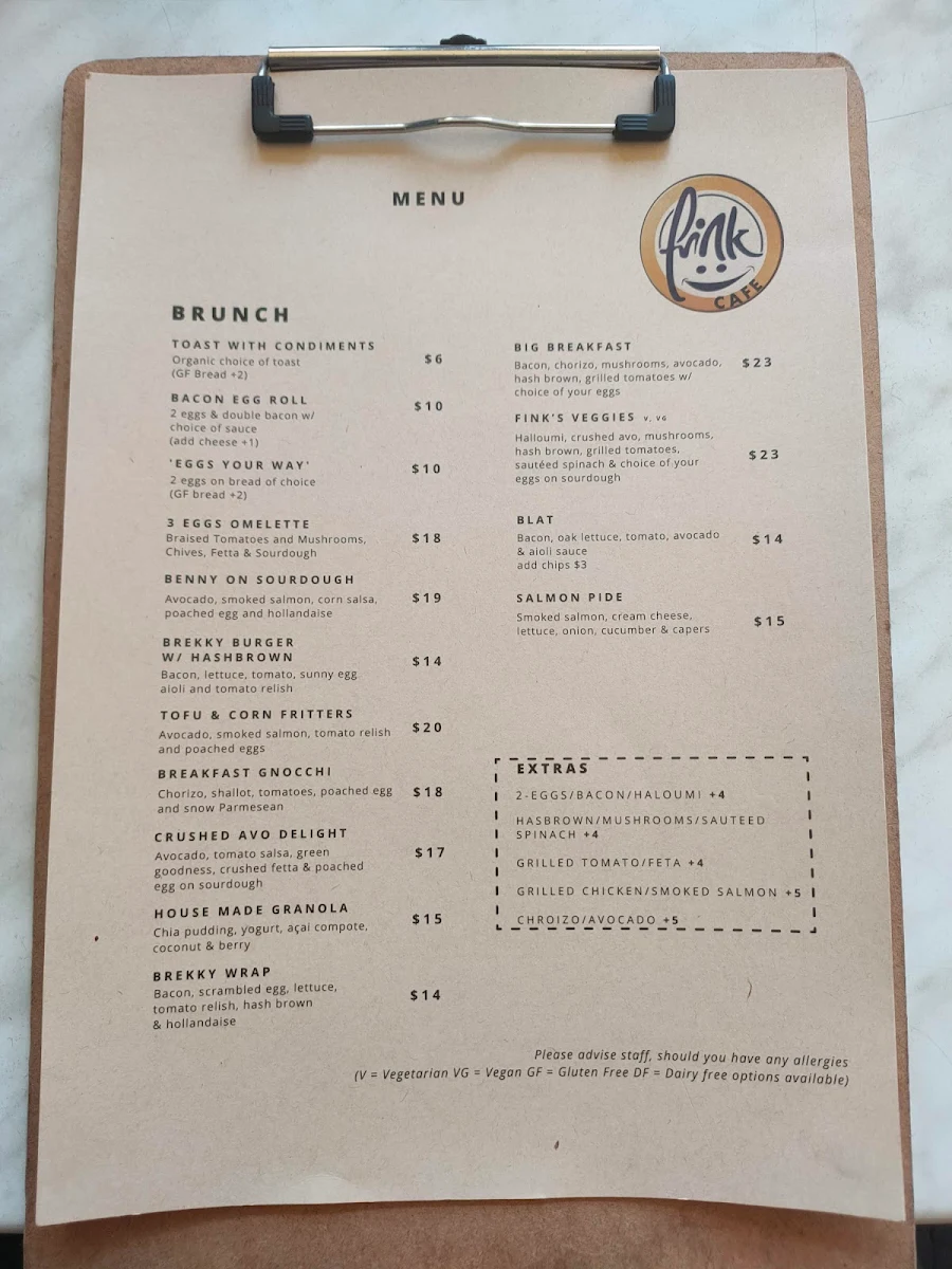 Menu, Fink Cafe