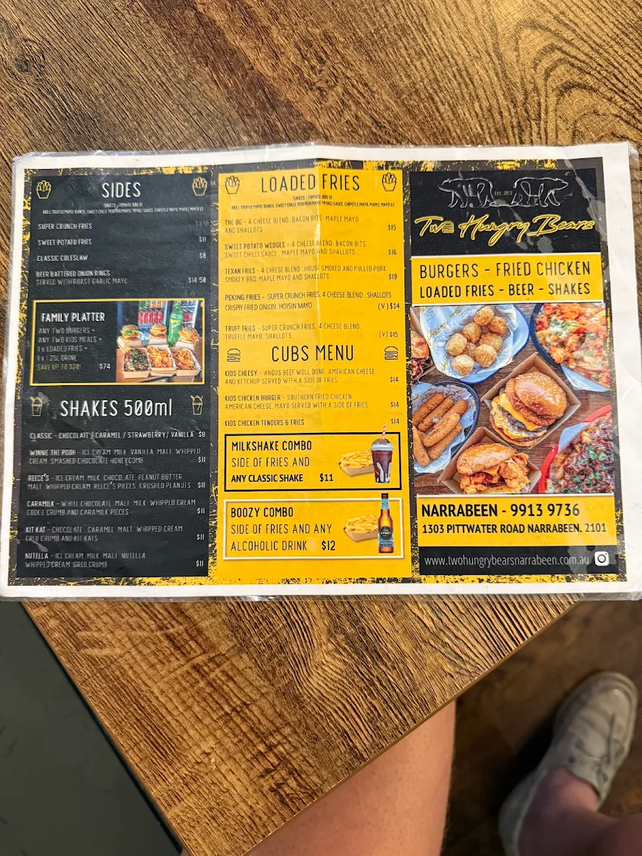Menu, Two Hungry Bears Narrabeen