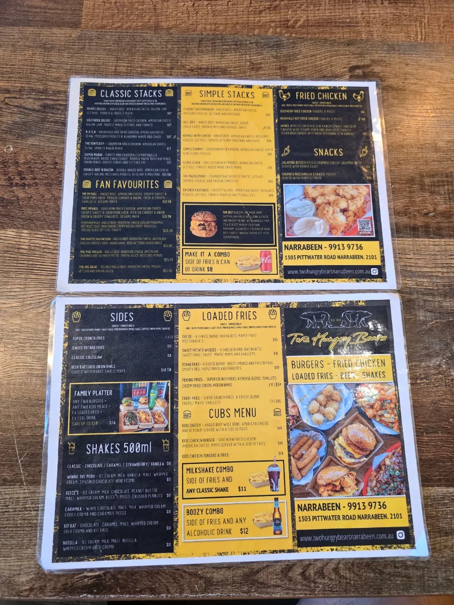 Menu, Two Hungry Bears Narrabeen