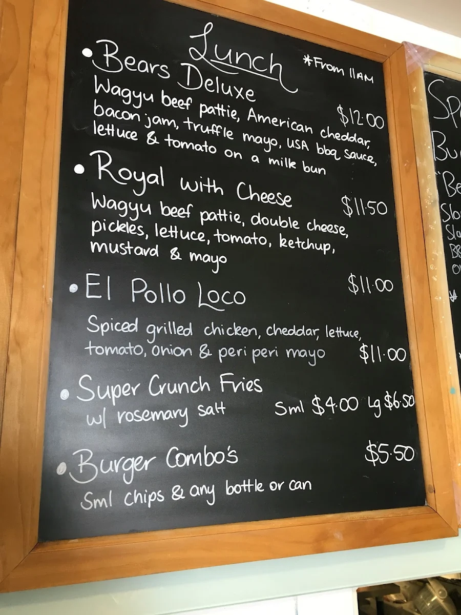 Menu, Two Hungry Bears Narrabeen