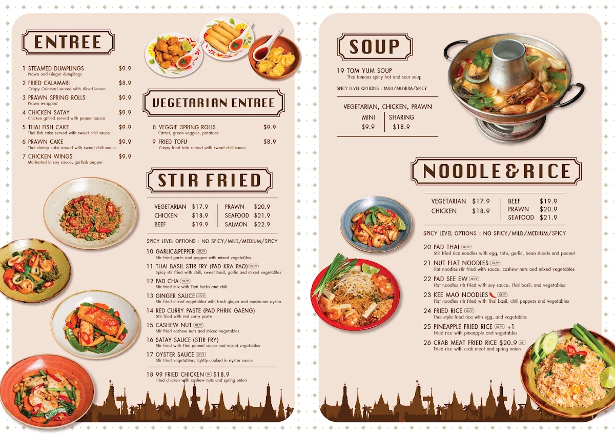 Menu, 99 Thai Street Food