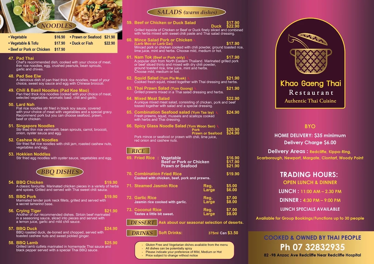 Menu, Khao Gaeng Thai Restaurant