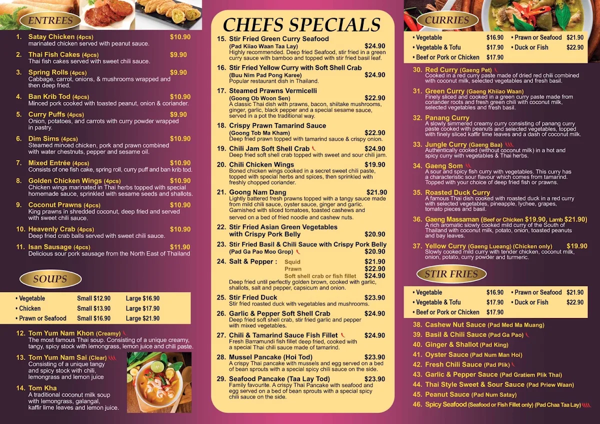 Menu, Khao Gaeng Thai Restaurant