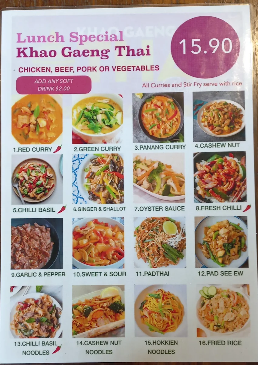 Menu, Khao Gaeng Thai Restaurant
