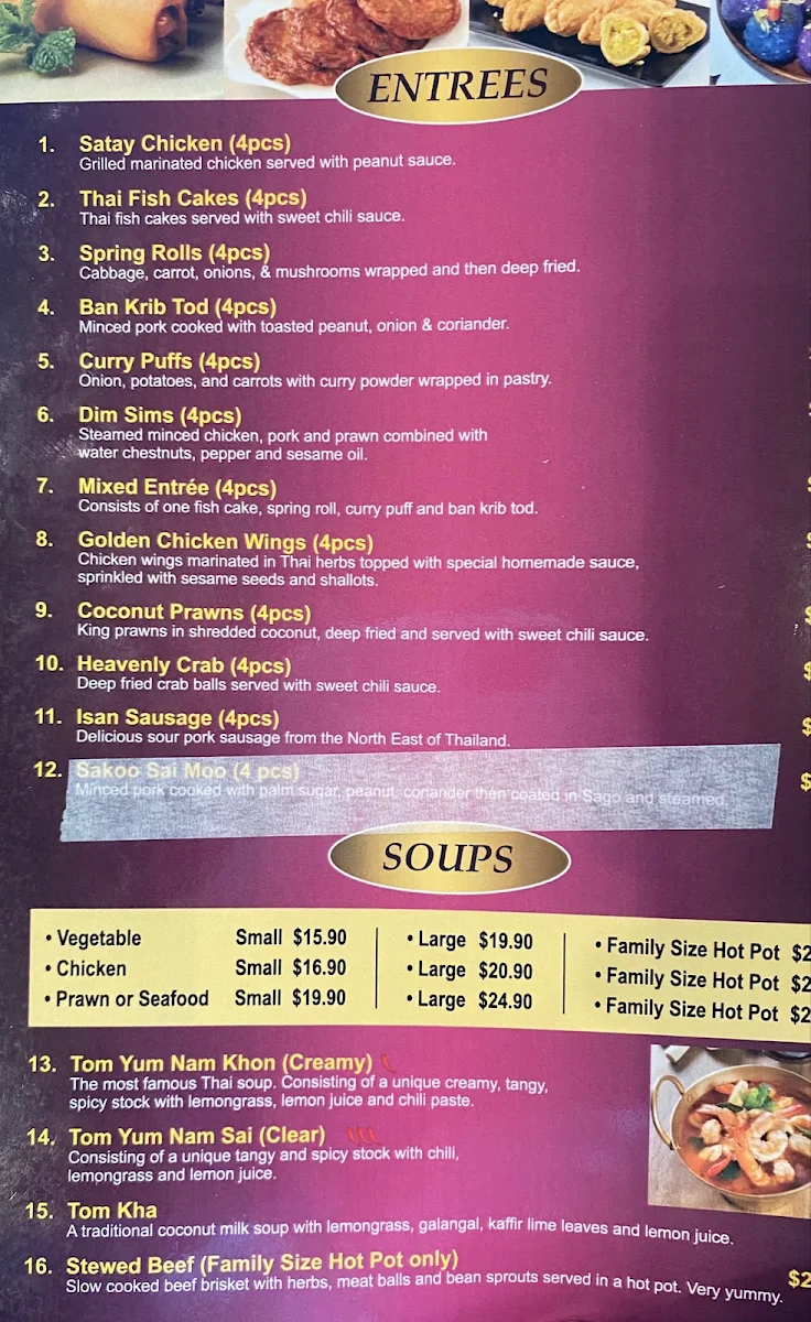 Menu, Khao Gaeng Thai Restaurant