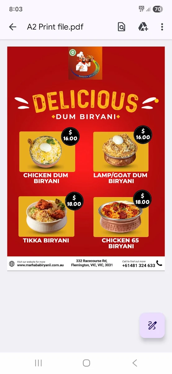 Menu, Marhaba Biryani