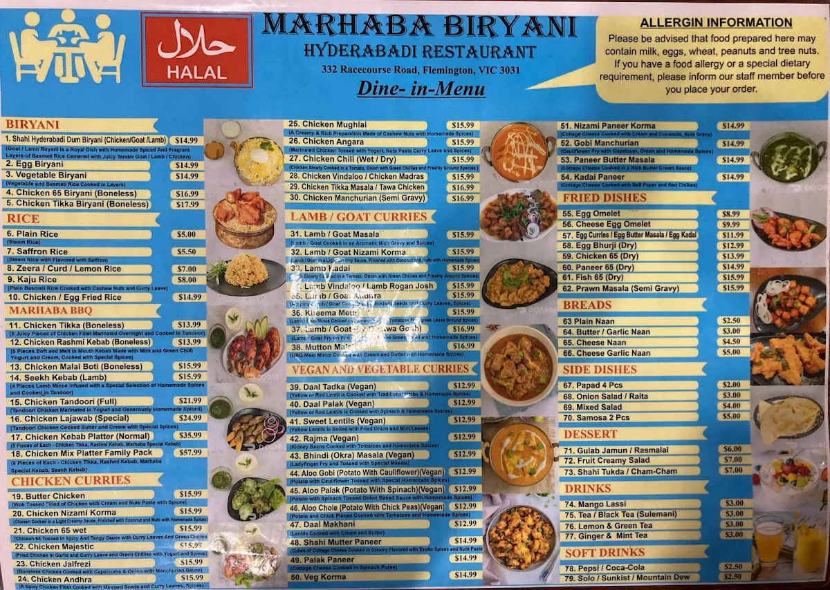 Menu, Marhaba Biryani