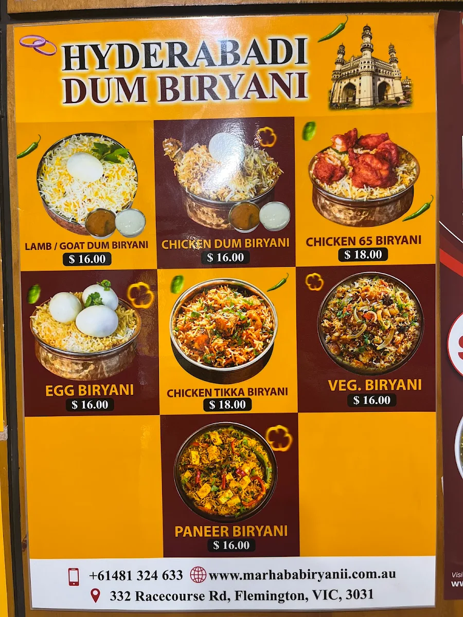 Menu, Marhaba Biryani