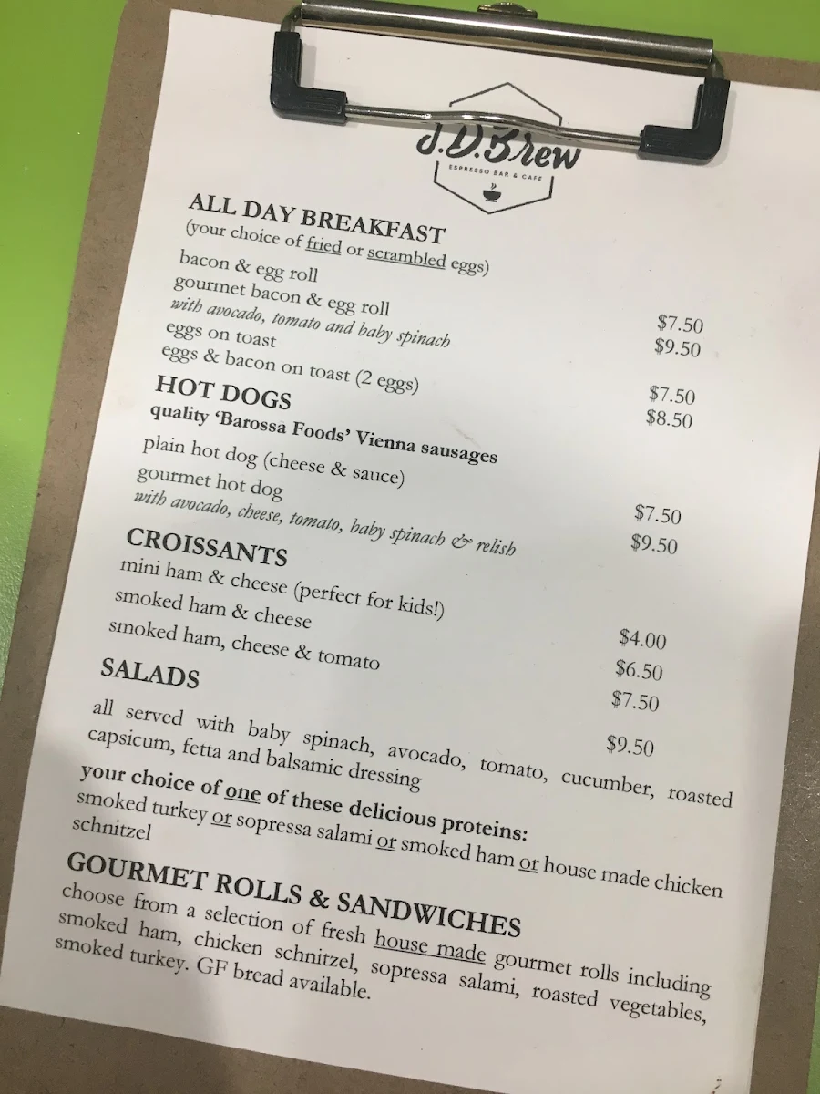 Menu, J.D. Brew Espresso Bar & Cafe