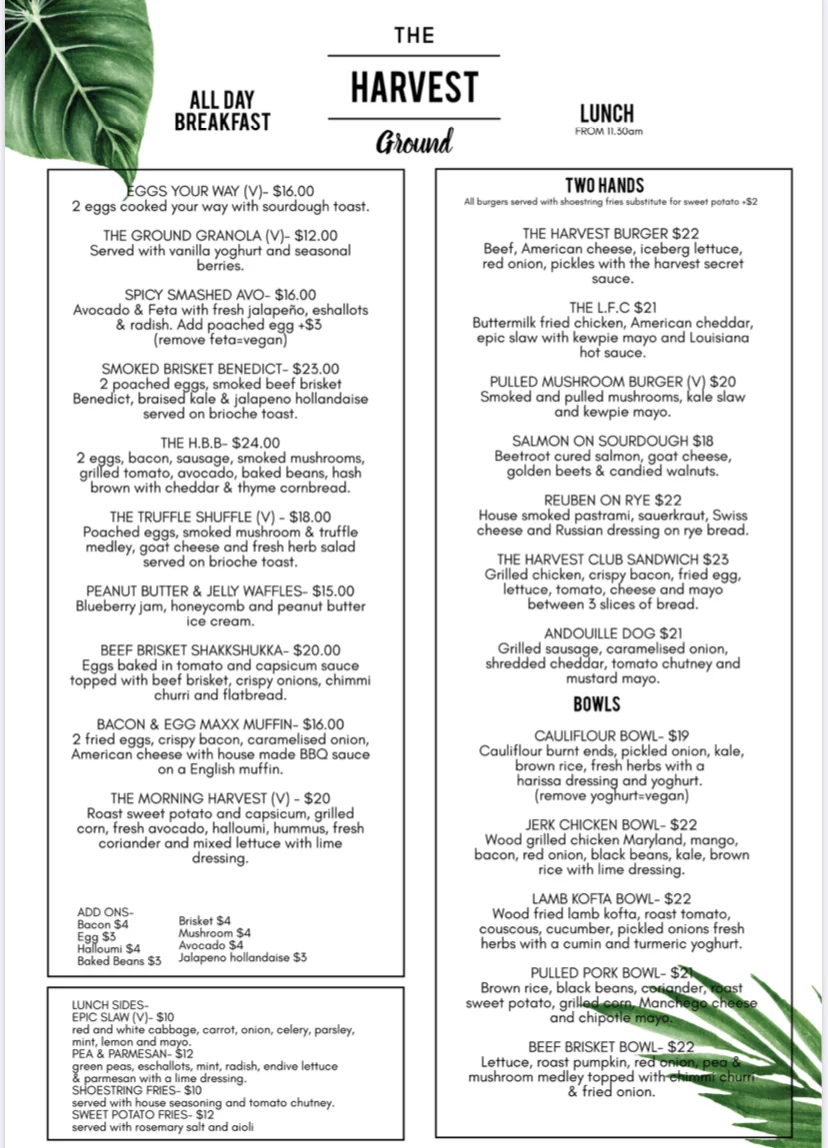 Menu, The Harvest Ground