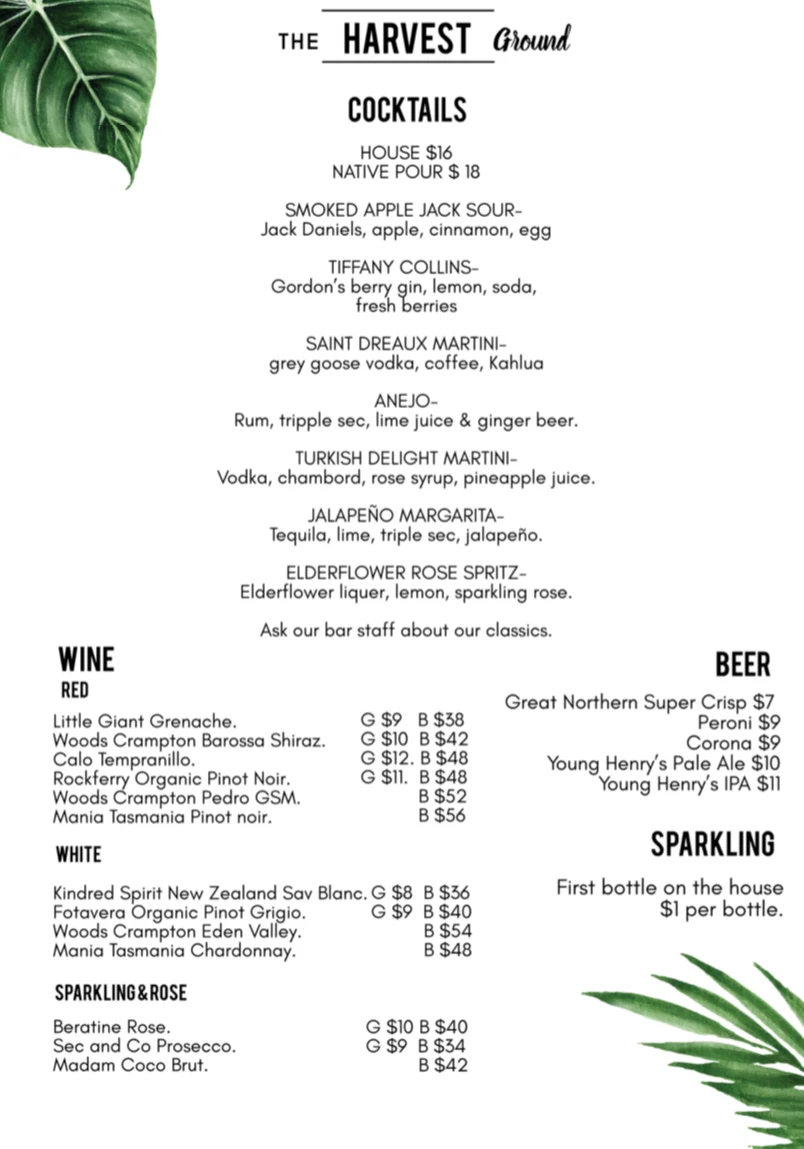 Menu, The Harvest Ground
