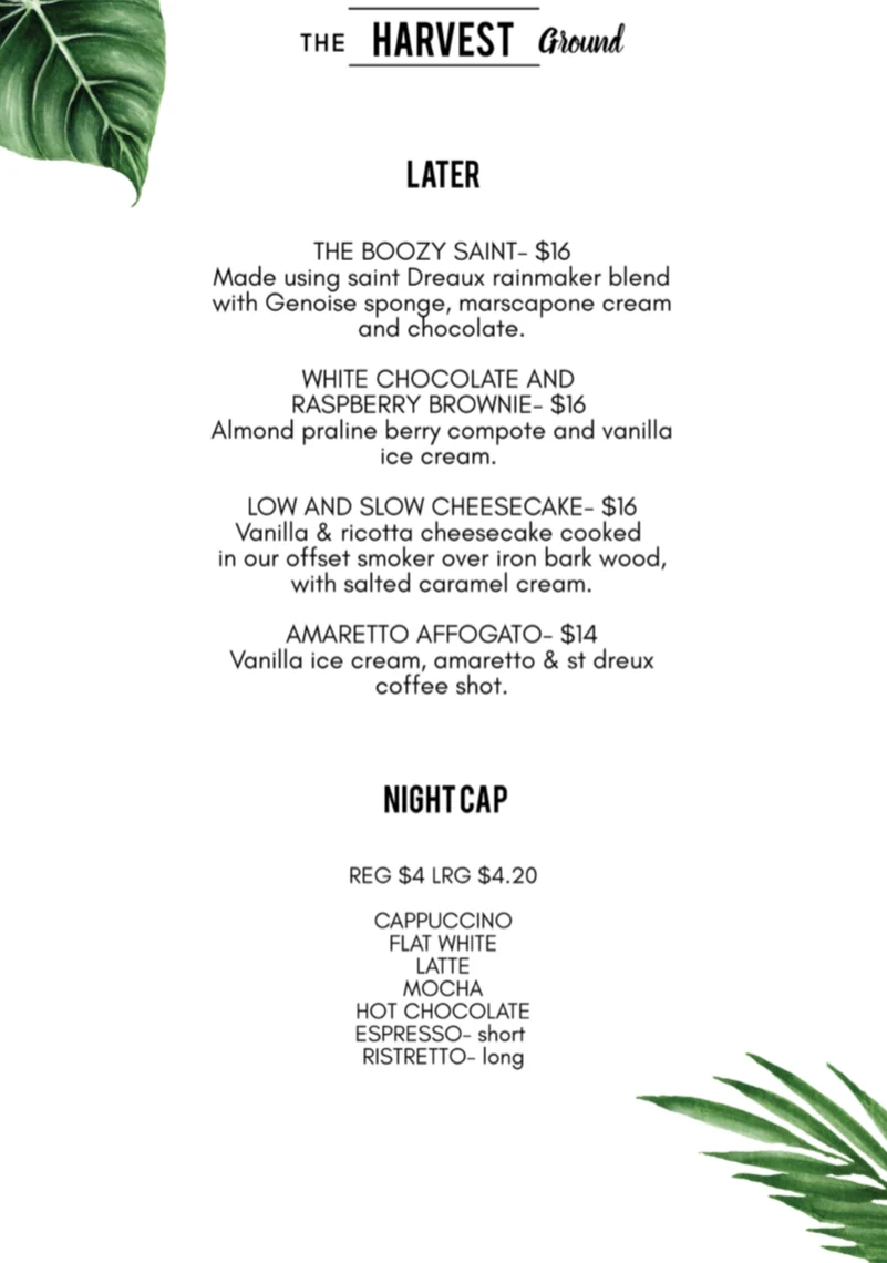 Menu, The Harvest Ground
