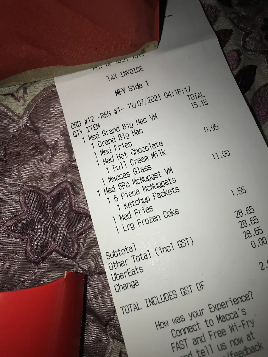 Menu, McDonald's Golden Grove