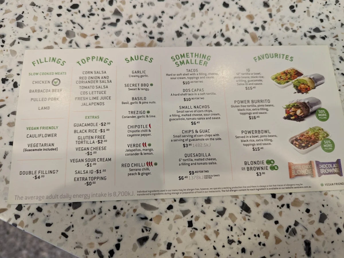 Menu, Zambrero Orange