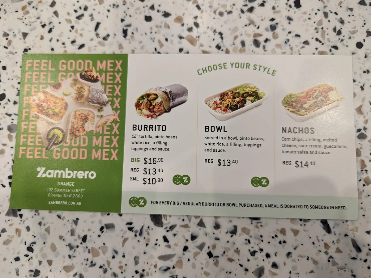 Menu, Zambrero Orange