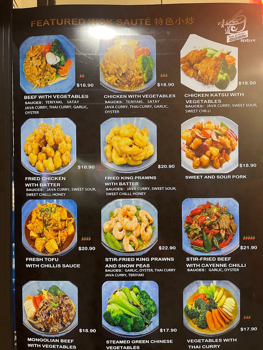 Menu, The golden chopsticks Penrith