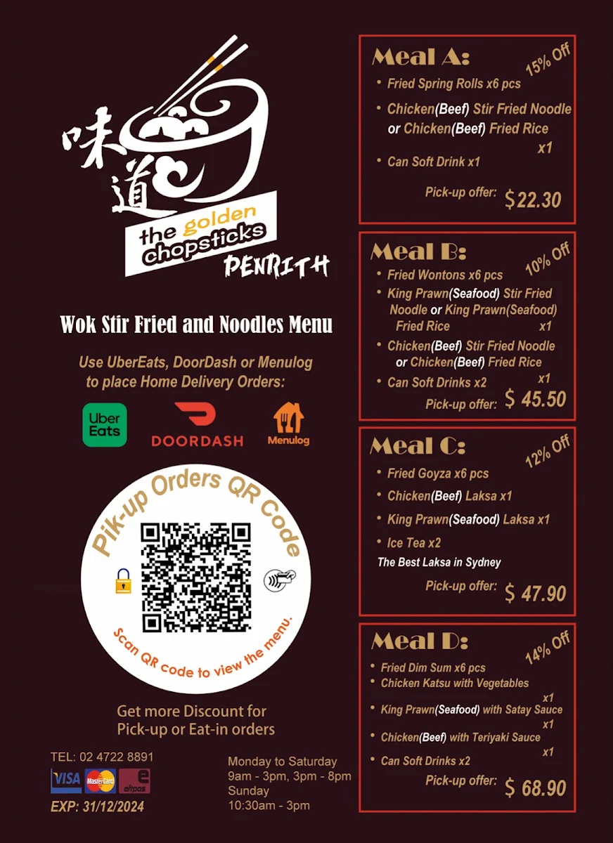 Menu, The golden chopsticks Penrith