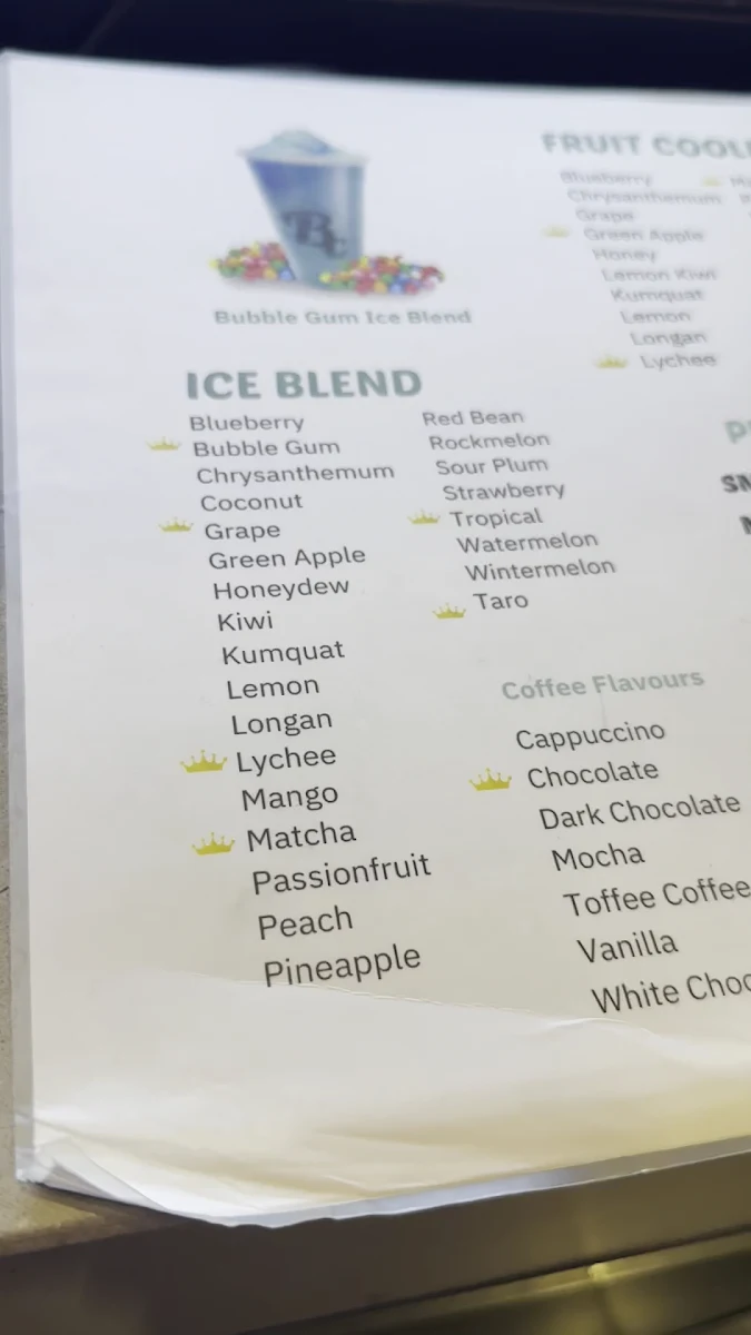 Menu, Bubble Cup