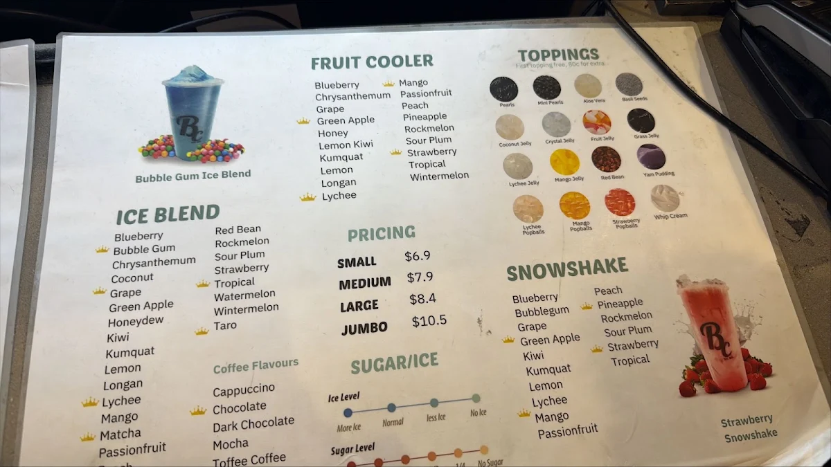 Menu, Bubble Cup